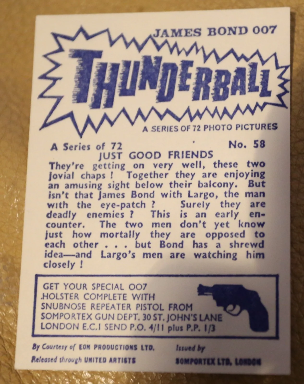 JAMES BOND SOMPORTEX THUNDERBALL 1966 ORIGINAL TRADING CARD EX COND NUMBER 58, изображение 2
