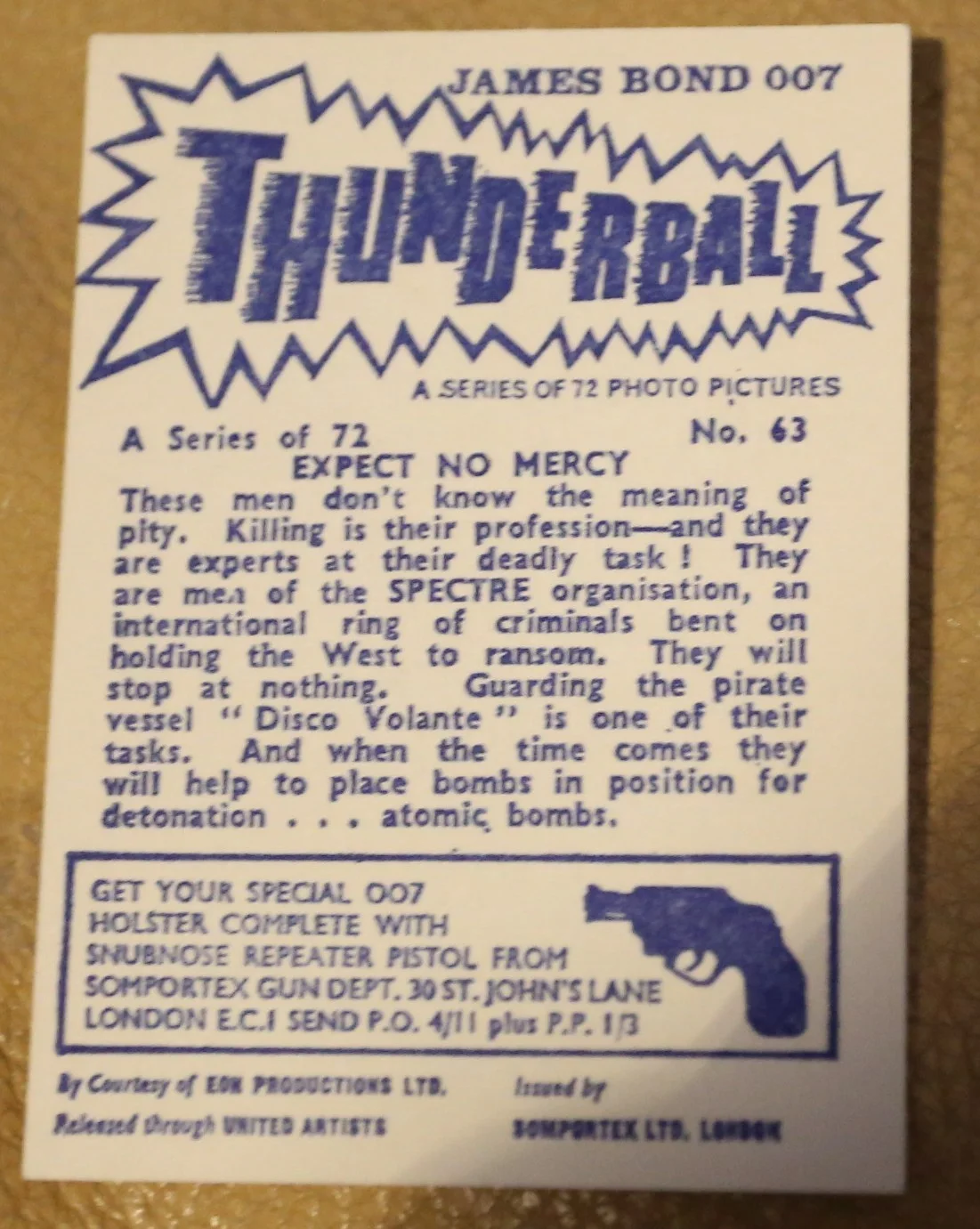 JAMES BOND SOMPORTEX THUNDERBALL 1966 ORIGINAL TRADING CARD EX COND NUMBER 63, image 2