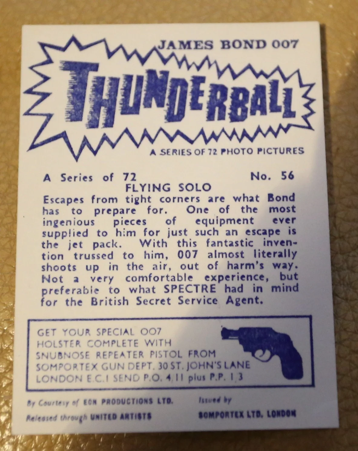 JAMES BOND SOMPORTEX THUNDERBALL 1966 ORIGINAL TRADING CARD EX COND NUMBER 56, image 2
