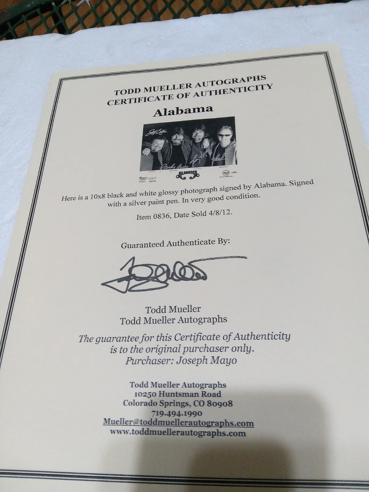 Autographed 8x10 The Band ALABAMA Todd Mueller Certificate Of Authentication, image 2