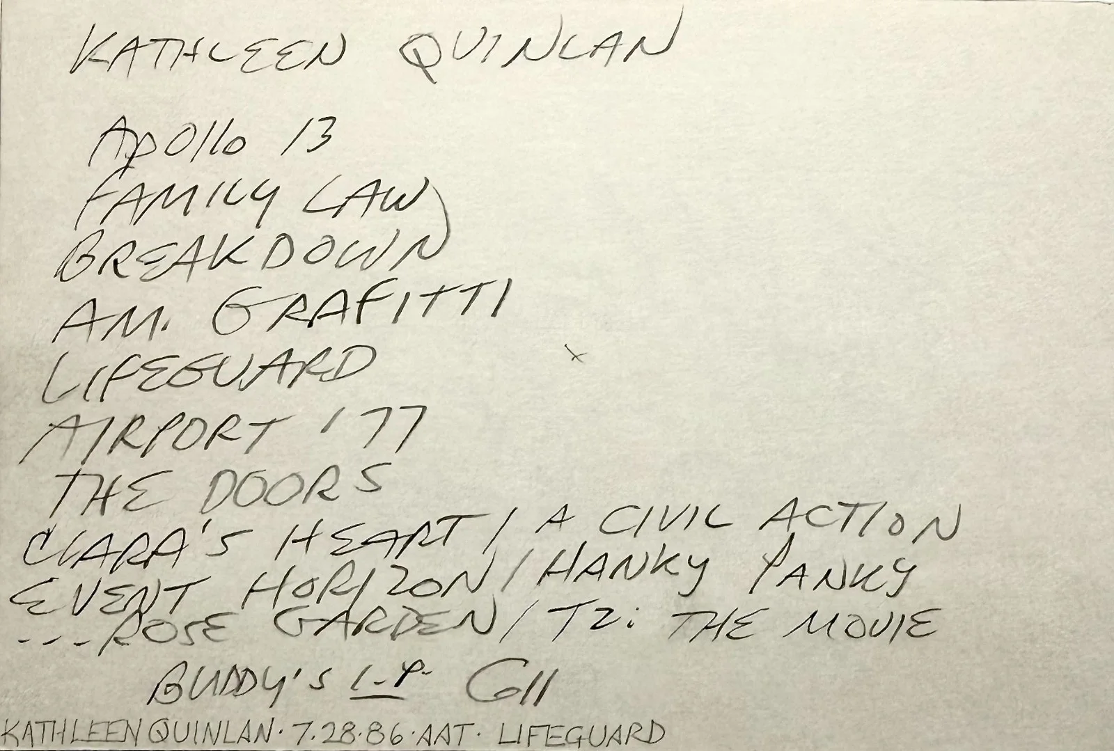 Kathleen Quinlan — KATHLEEN QUINLAN Signed Autographed 4" x 6" INDEX CARD Family Law Apollo 13 BLUE, изображение 2
