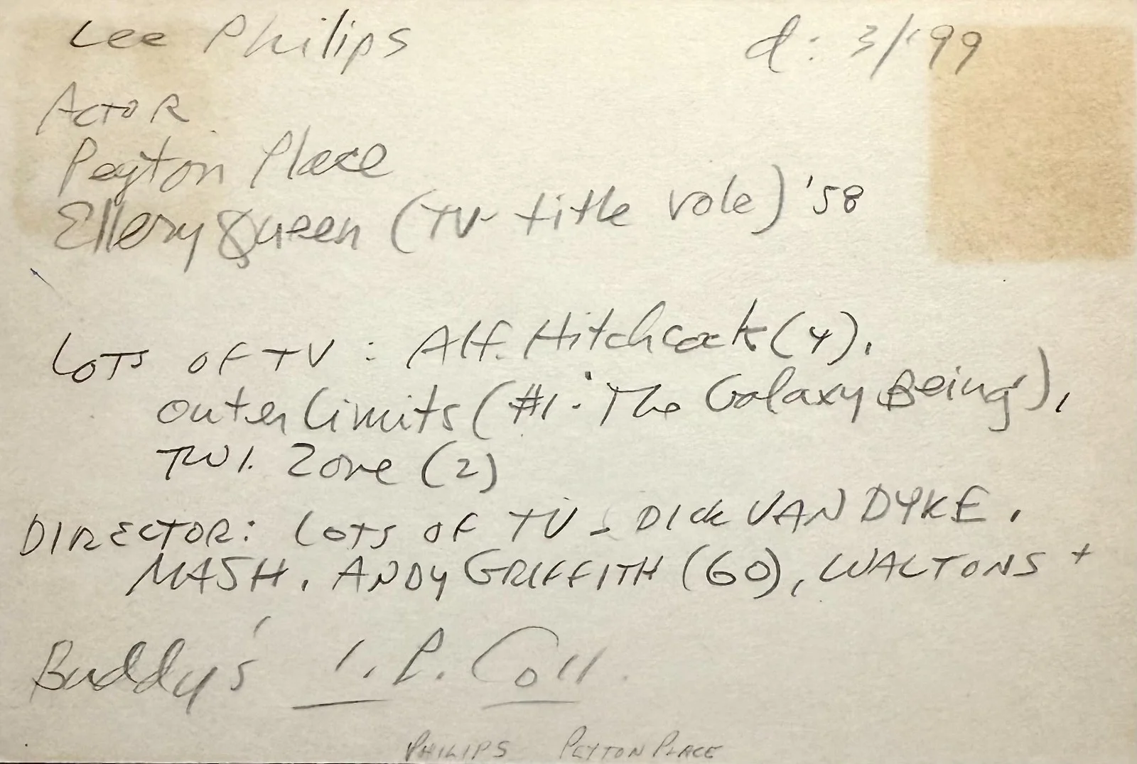 Lee Philips — LEE PHILIPS Autographed Signed 4"x 6" INDEX CARD Samson and Delilah PEYTON PLACE, image 2