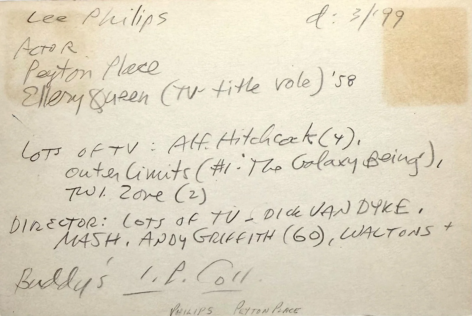 Lee Philips — LEE PHILIPS Autographed Signed 4"x 6" INDEX CARD Samson and Delilah PEYTON PLACE, image 4