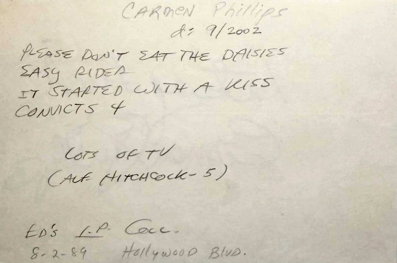 Carmen Phillips — CARMEN PHILLIPS Autographed Signed 4"x 6" INDEX CARD One Step Beyond EASY RIDER, image 2