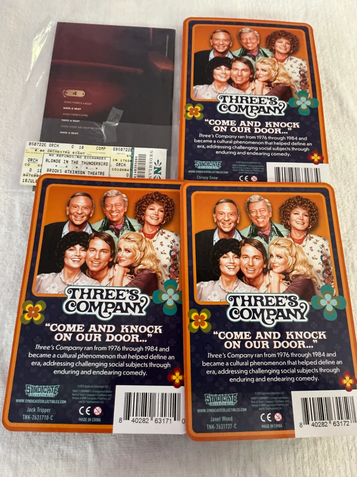 Three's Company Suzanne Sommers Autographed Playbill/Ticket & 3 Reaction Figures, image 2