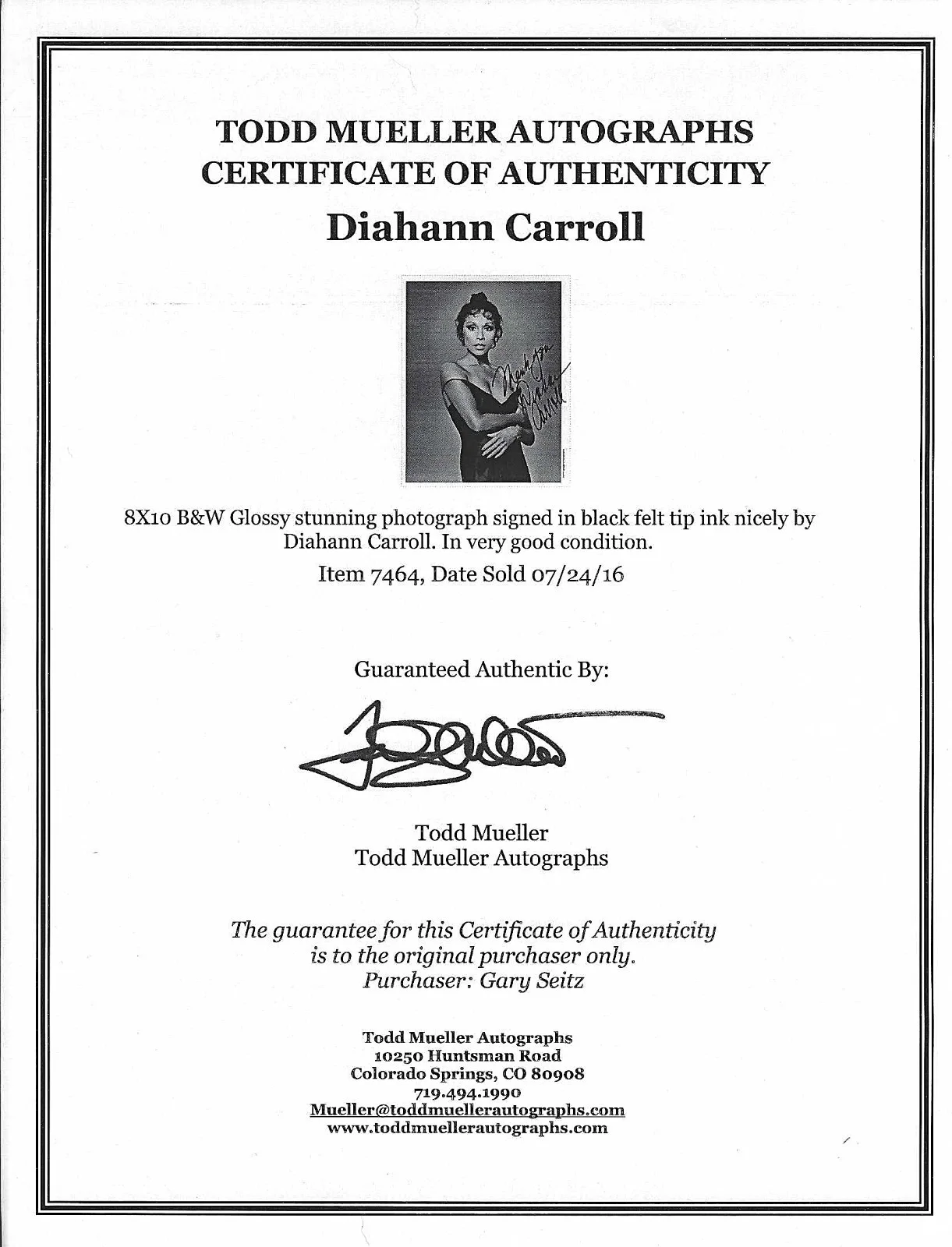 DIAHANN CARROLL — DIAHANN CARROLL HAND SIGNED PHOTO ACTRESS SINGER MODEL 8x10 TODD MUELLER COA, изображение 3