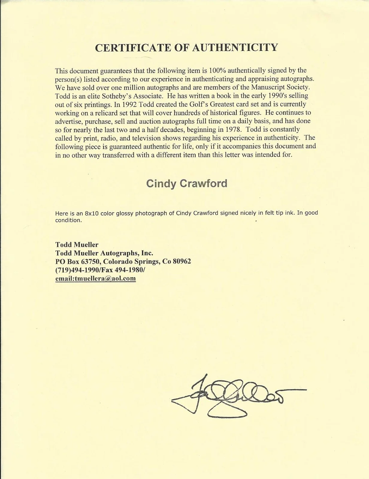 CINDY CRAWFORD — CINDY CRAWFORD SUPERMODEL HAND SIGNED PHOTO 10X8 COA, image 3