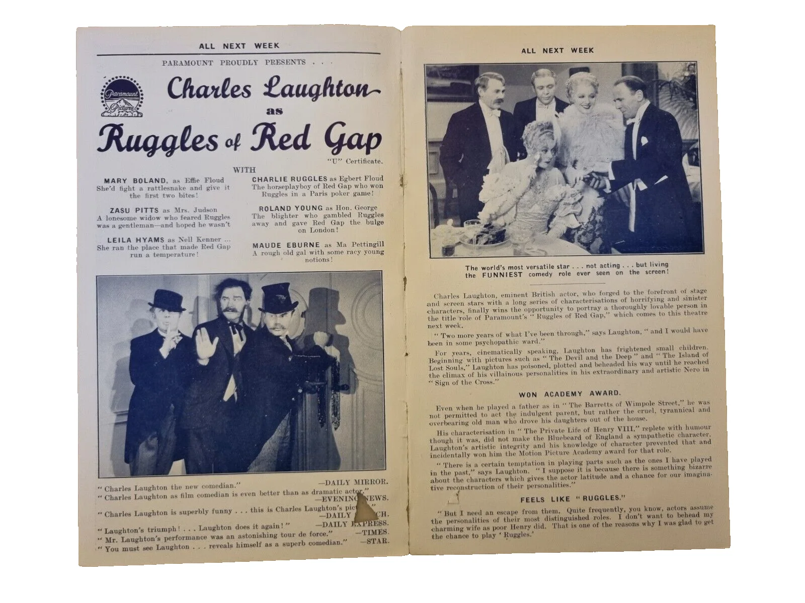 1935 Cinema Programme Ruggles of Red Gap - Charles Laughton / Wednesday's Child, изображение 2