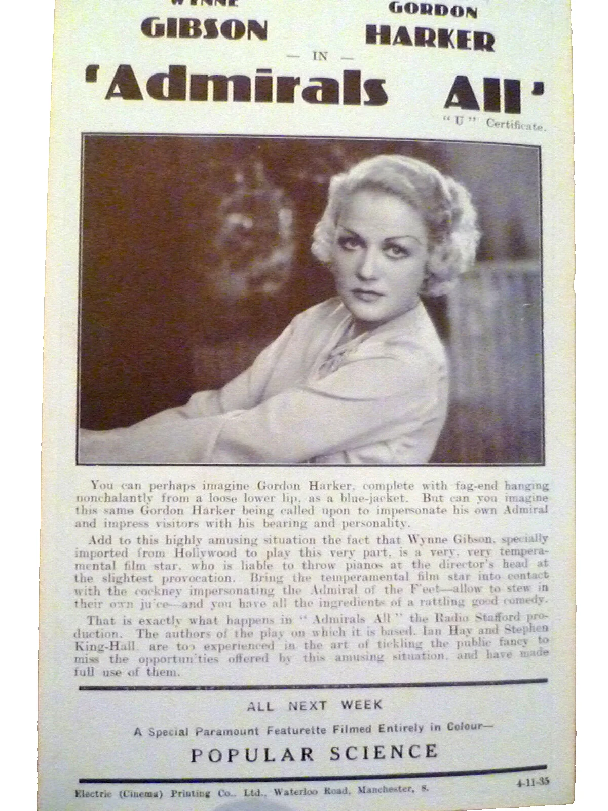 1935 Cinema Programme The Crusades Henry Wilcox Loretta Young / Admirals All, изображение 2