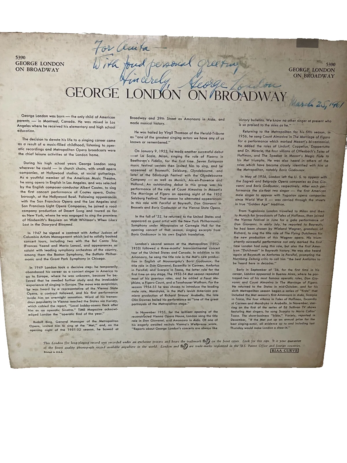 George London signed LP "On Broadway" 1961 Autograph Opera Baritone, image 4