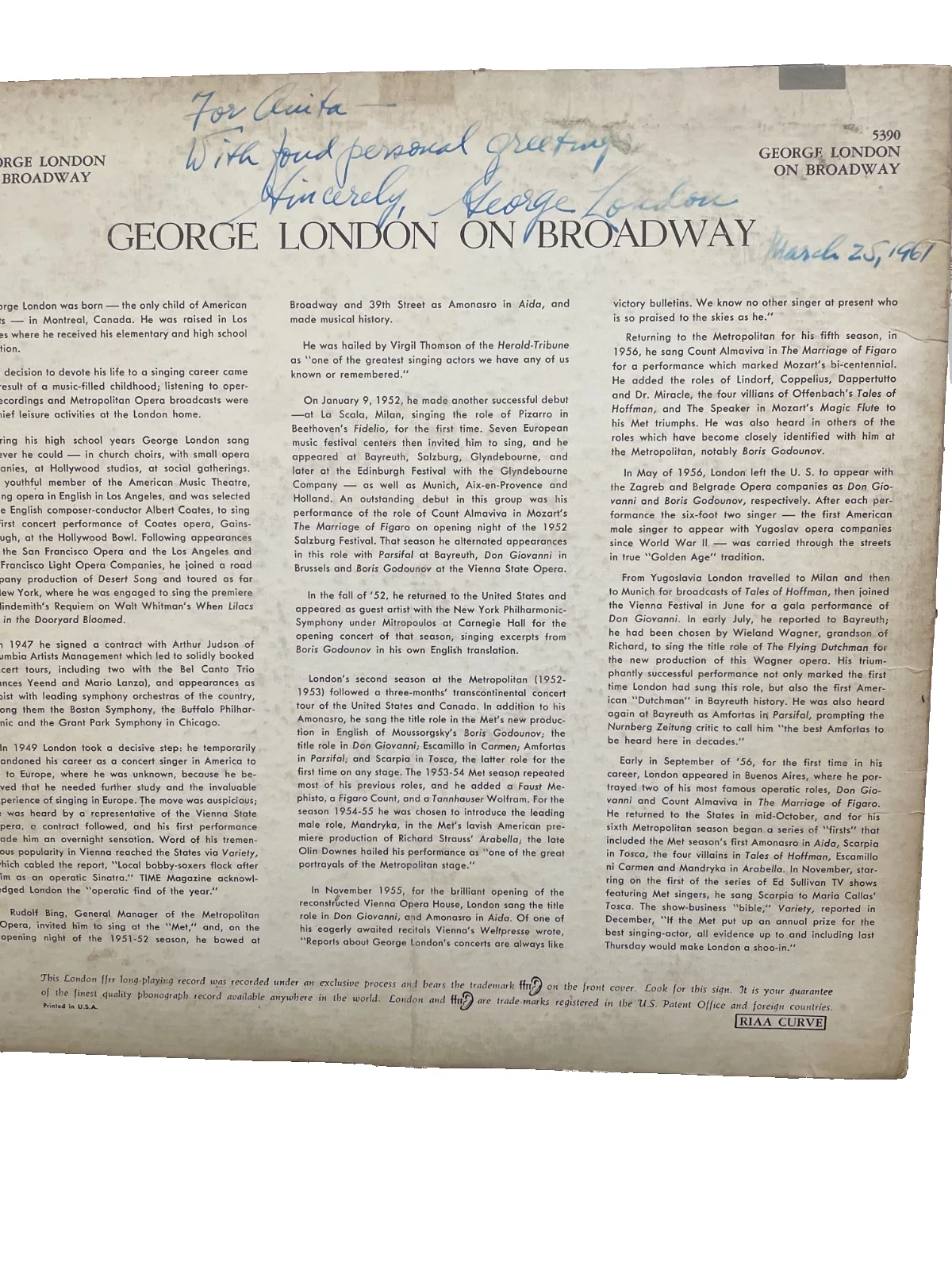 George London signed LP "On Broadway" 1961 Autograph Opera Baritone, image 5