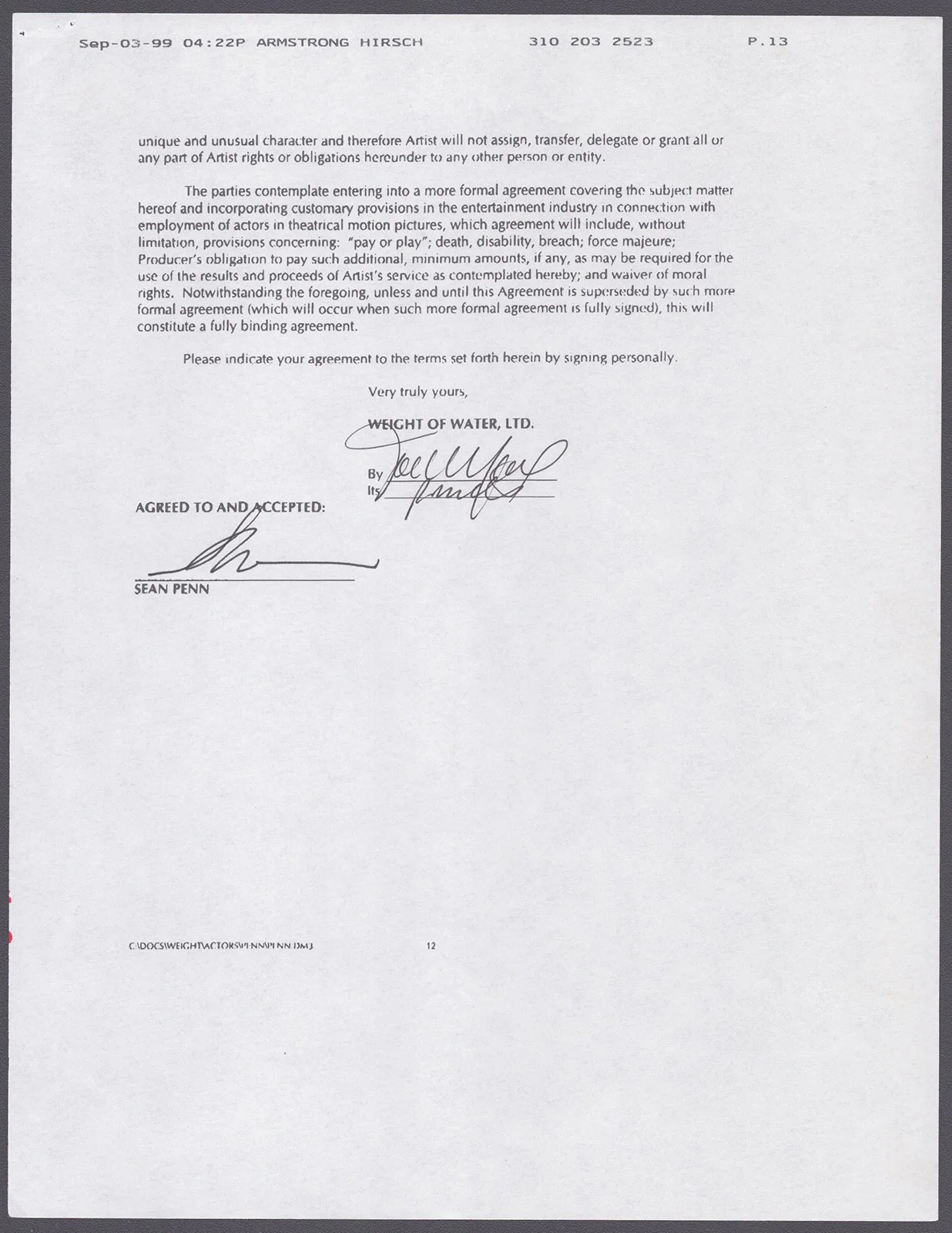 Sean Penn — SEAN PENN - CONTRACT SIGNED 08/27/1999, изображение 2