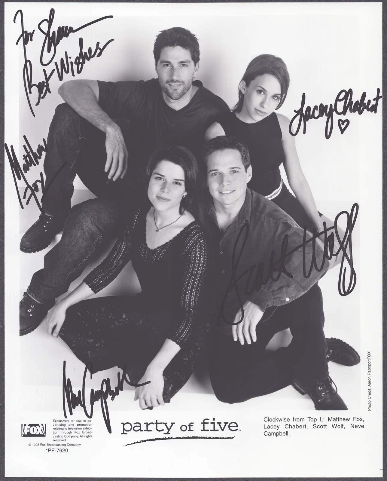 Scott Wolf, Lacey Chabert, Matthew Fox, Neve Campbell — PARTY OF FIVE TV CAST - AUTOGRAPHED INSCRIBED PHOTOGRAPH CIRCA 1998