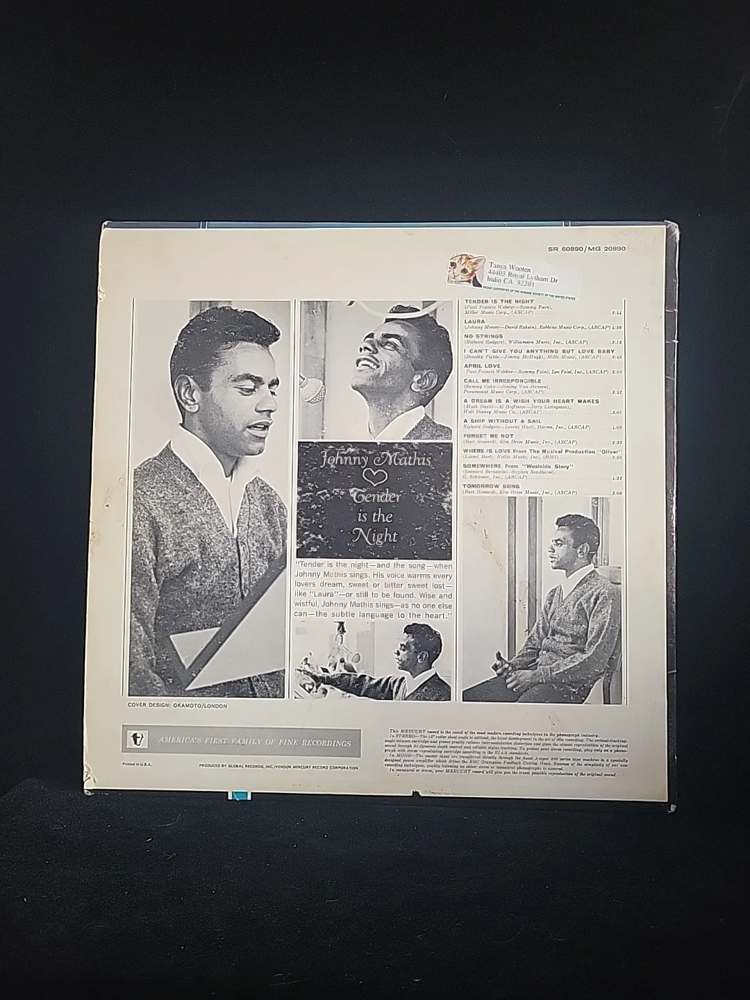 Johnny Mathis Signed Vinyl Album Tender Is The Night Cover Case Only, изображение 4