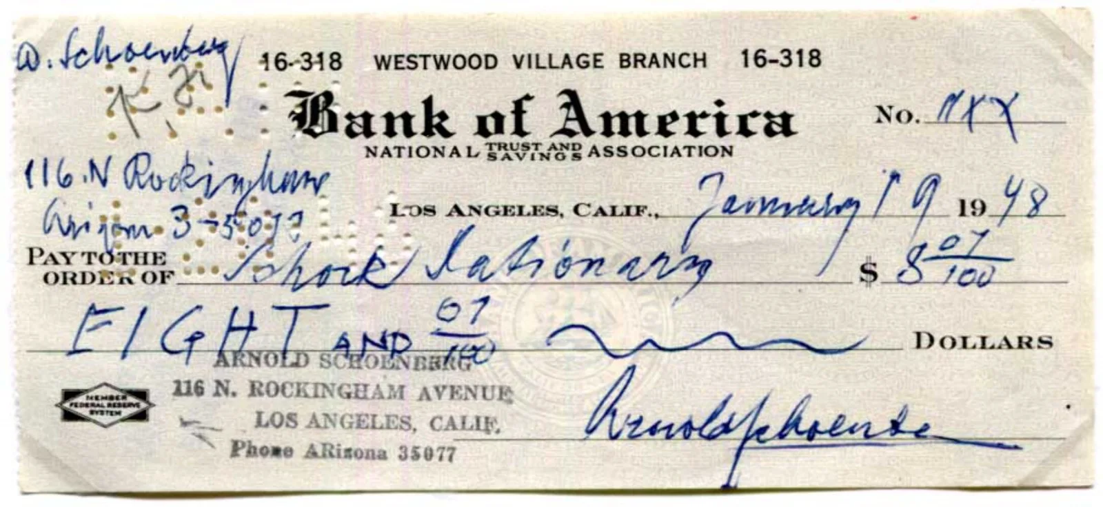 EXPRESSIONIST MOVEMENT COMPOSER Arnold Schoenberg autograph, signed check & moun, image 2