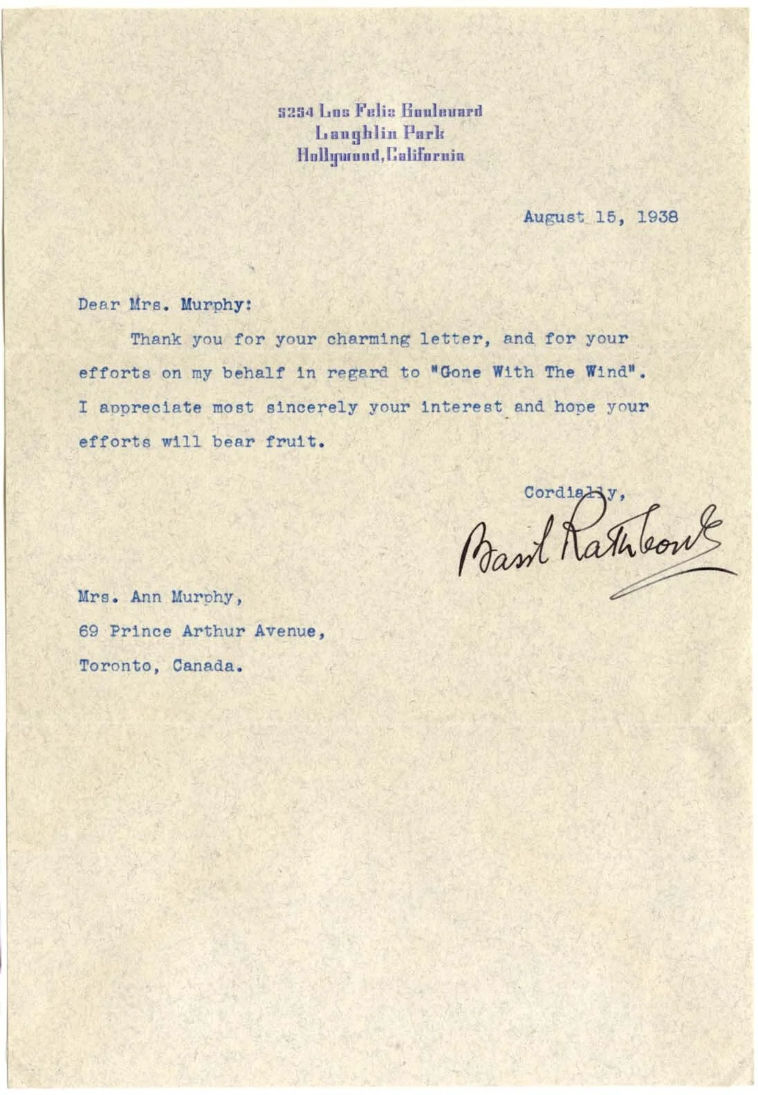 SHERLOCK HOLMES ACTOR Basil Rathbone autograph, typed letter signed & mounted, image 2