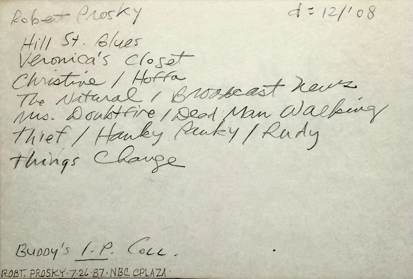 Robert Prosky — ROBERT PROSKY Signed Autographed 4"x 6" INDEX CARD Broadcast News Mrs. Doubtfire, image 2