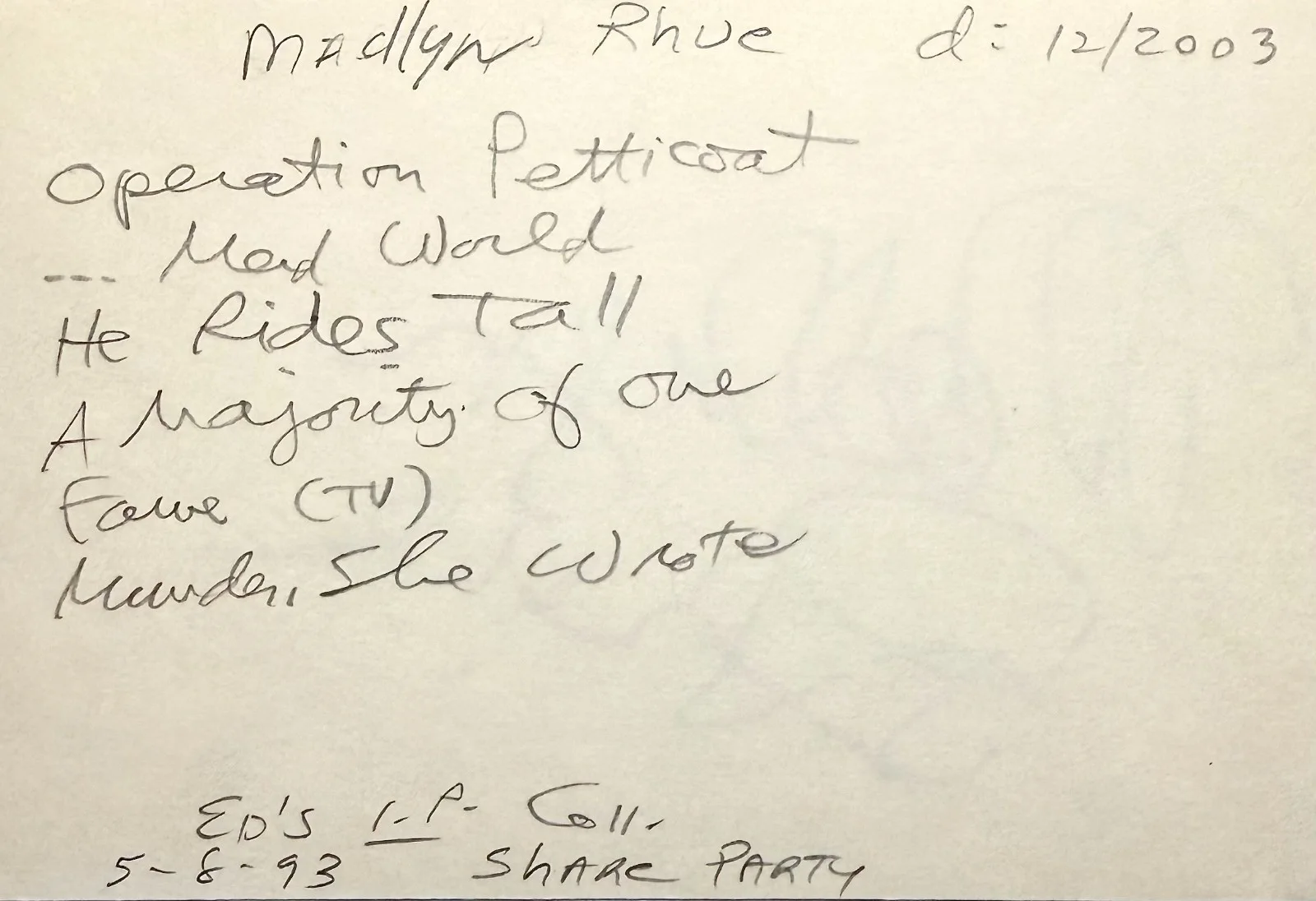 Madlyn Rhue — MADLYN RHUE Signed Autographed 4"x 6" INDEX CARD Operation Petticoat STAR TREK, image 2