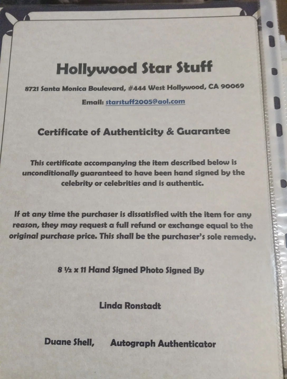 Linda Ronstadt Signed 8x10 Photo With COA, image 2