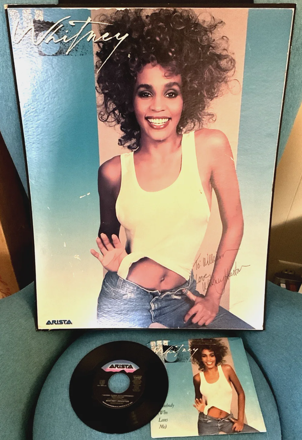 WHITNEY HOUSTON Autographed ARISTA Poster 1987 + I Wanna Dance 45 record, изображение 2
