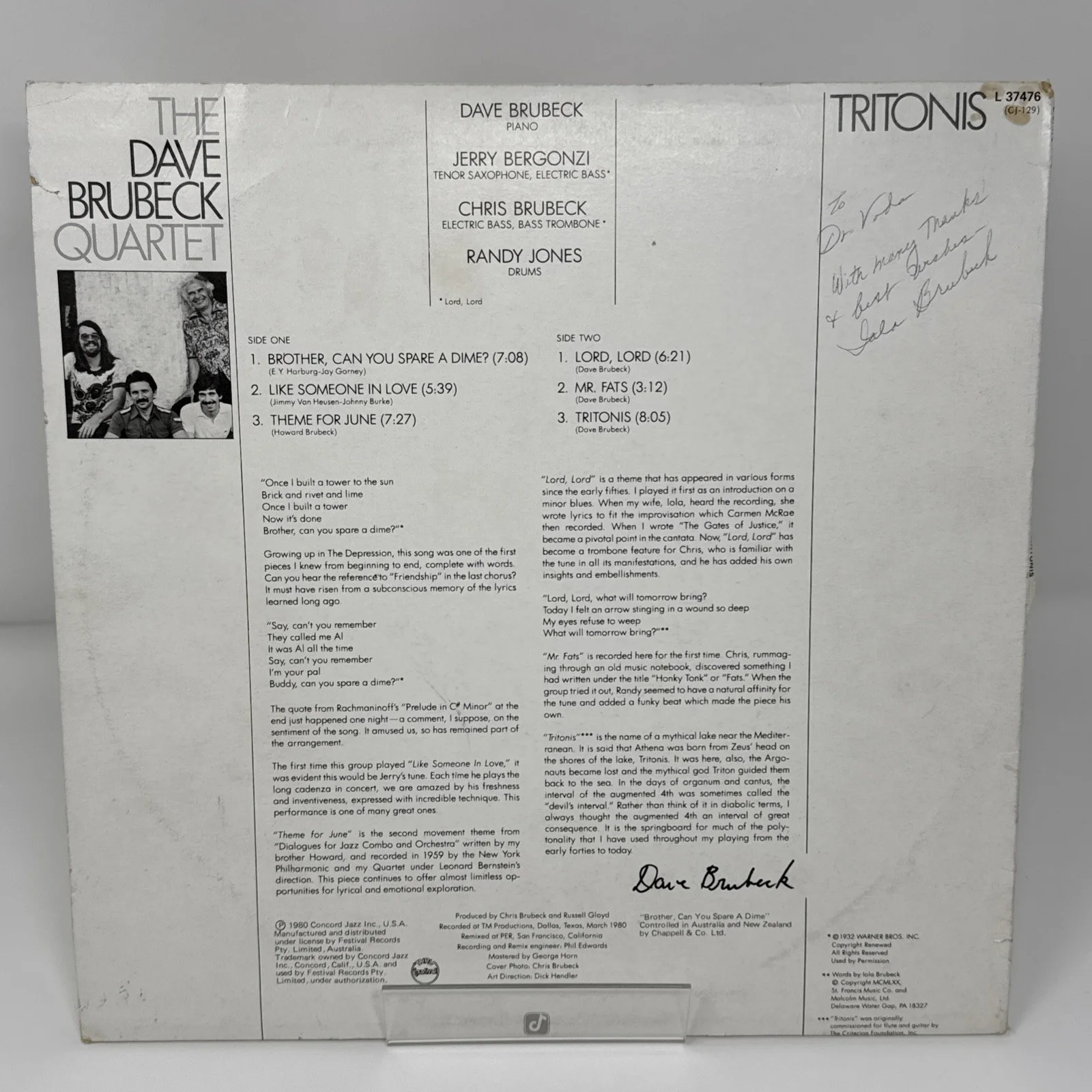 Dave Brubeck And Wife Signed Record, Tritonis Album LP, изображение 2