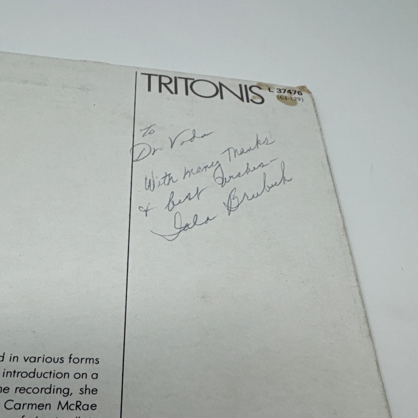Dave Brubeck And Wife Signed Record, Tritonis Album LP, изображение 4