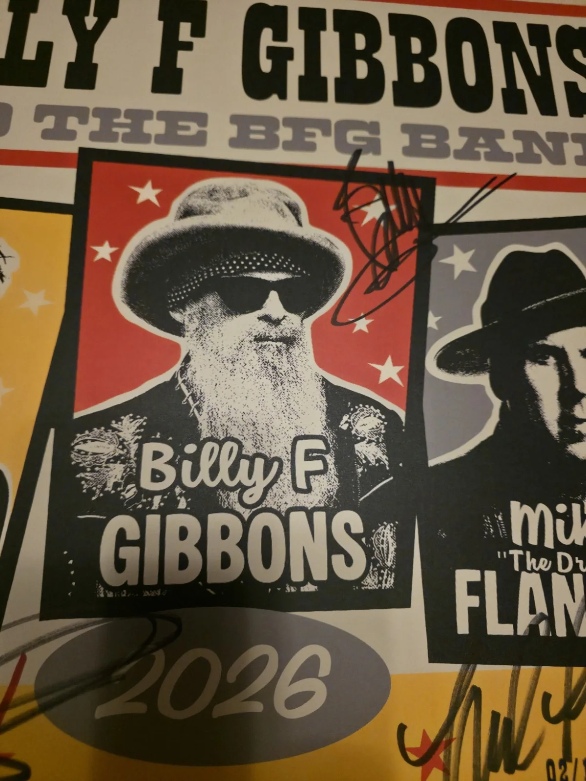 Billy Gibbons — Billy Gibbons, Mike Flanigin, Chris Layton Signed Autographed 2026 Tour Poster, изображение 2