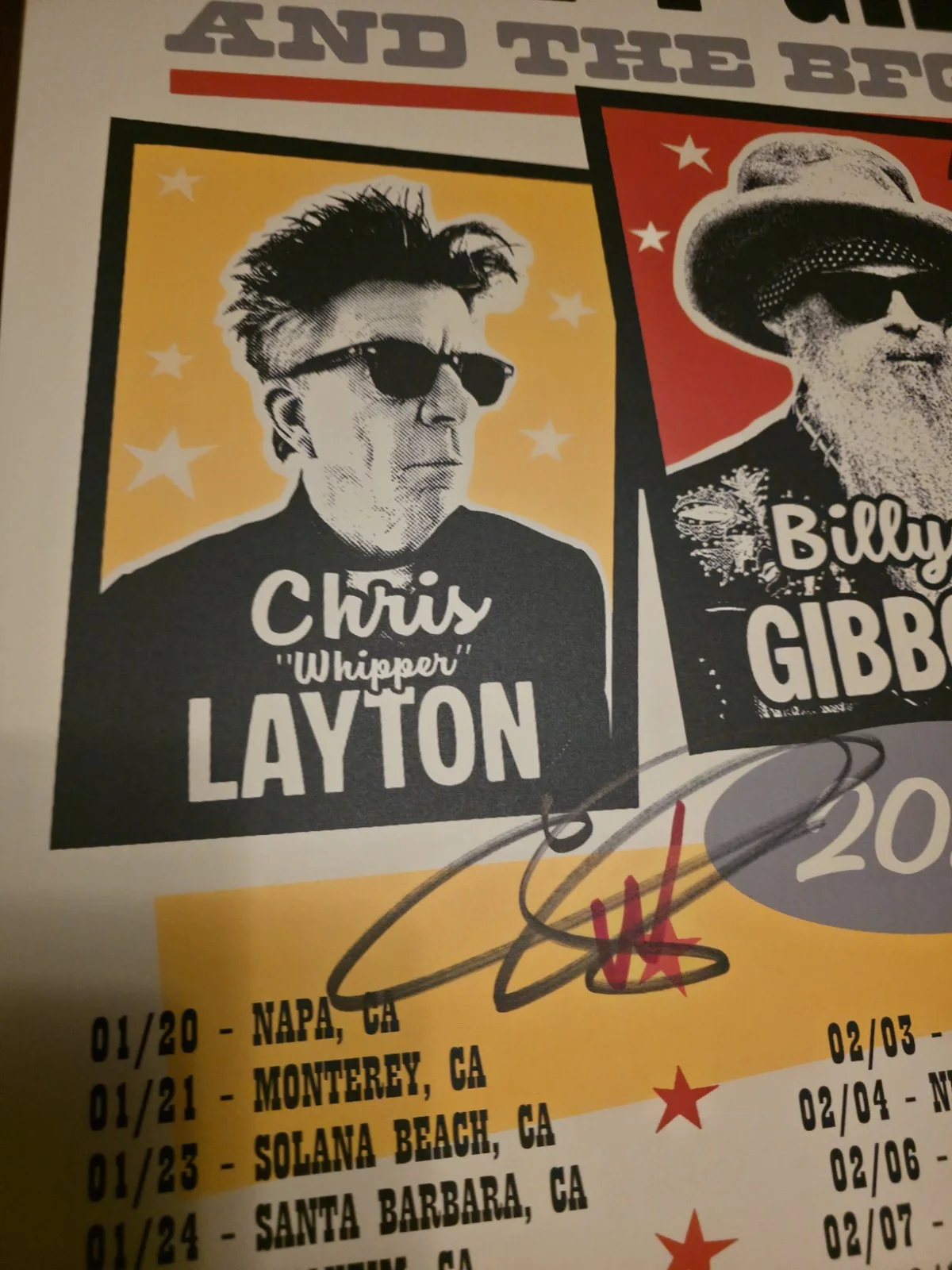 Billy Gibbons — Billy Gibbons, Mike Flanigin, Chris Layton Signed Autographed 2026 Tour Poster, изображение 4