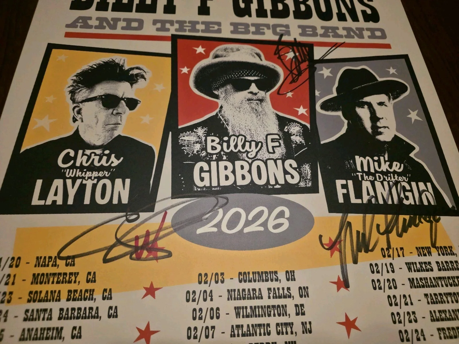 Billy Gibbons — Billy Gibbons, Mike Flanigin, Chris Layton Signed Autographed 2026 Tour Poster, изображение 5