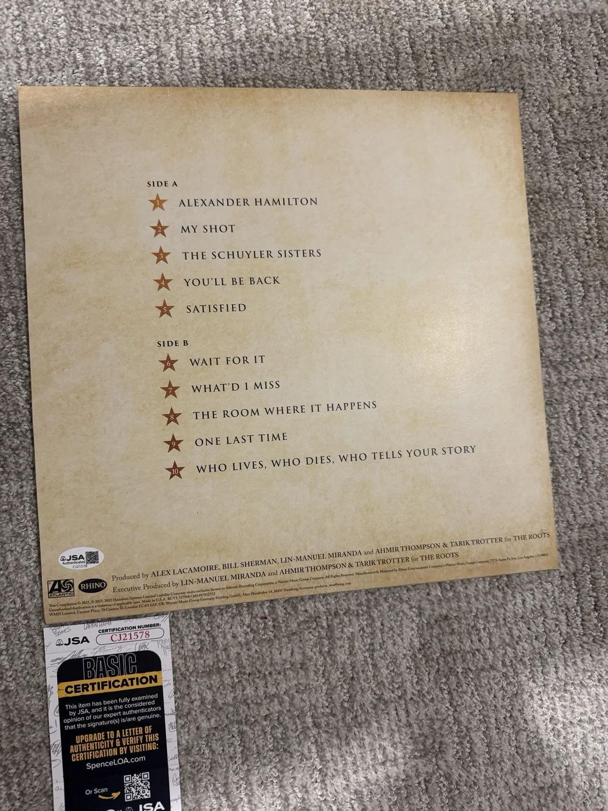 Leslie Odom Jr. Signed 10 Shots Hamilton Vinyl Lin-Manuel Miranda JSA COA, изображение 3