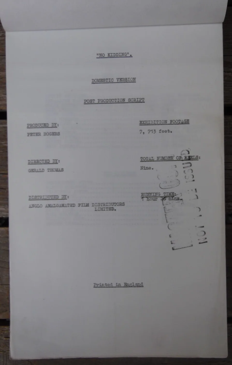 Vintage "NO KIDDING" Original Post Production Master Copy Movie Script 1960, image 2