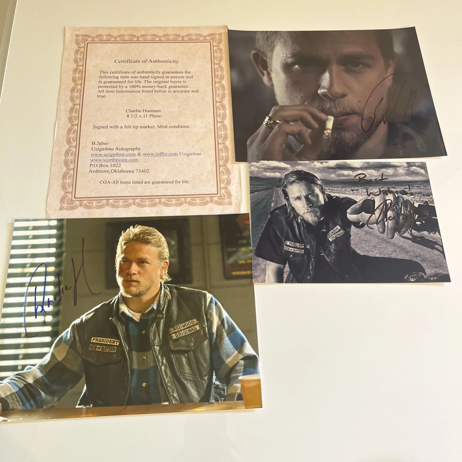 Charlie Hunnam — Charlie Hunnam autographed signed Sons of Anarchy Jax 8x10 photos set of 3