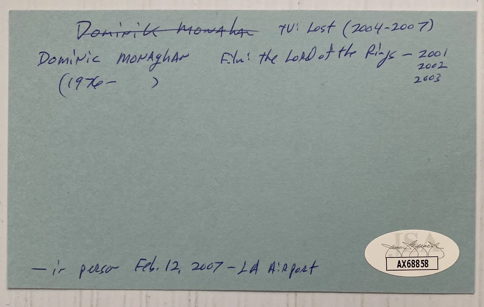 Dominic Monaghan — Lord Of The Rings Dominic Monaghan Signed Autograph 3x5 Index Card JSA - FREE SH, изображение 3