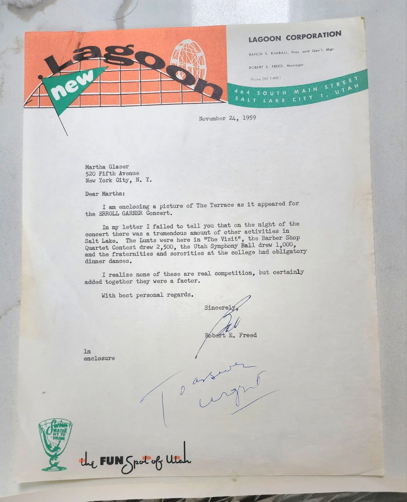 Signed Letter From Robert E. Freed To Martha Glaser Concerning Erroll Garner, image 2