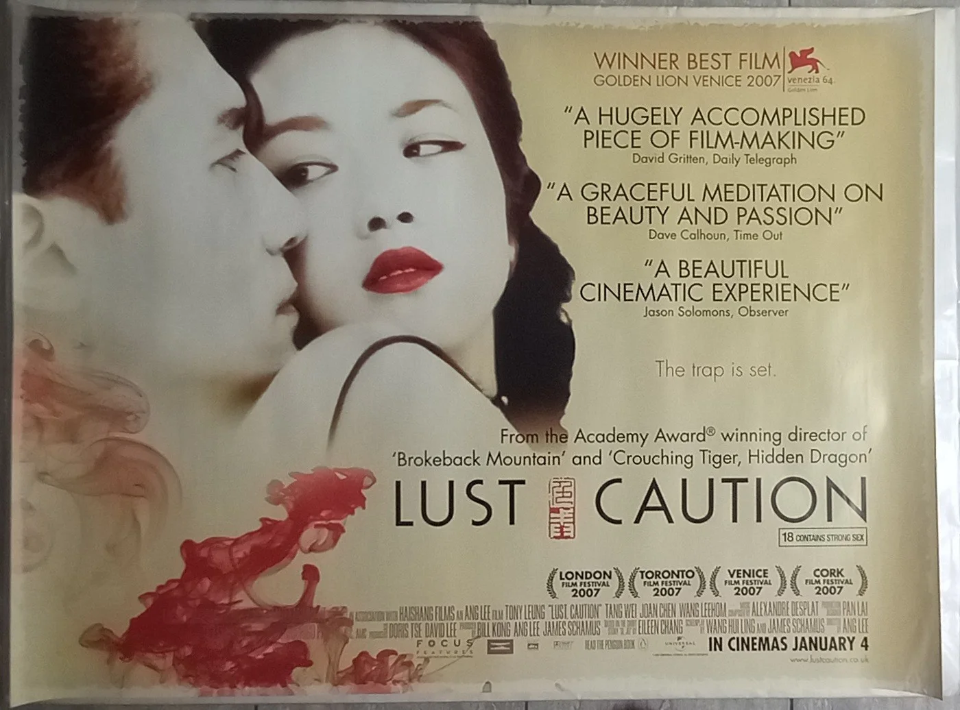 Lust, Caution (2007) Used D/S UK Quad Poster, Tony Leung Chiu-wai, Tang Wei, image 2