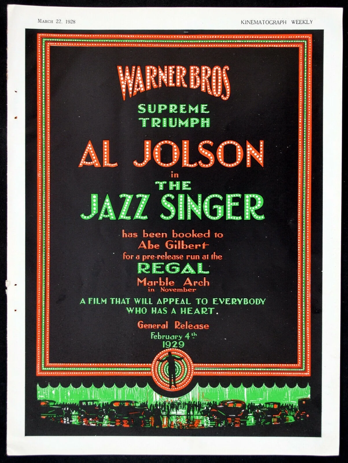 PRICE MAN PAYS 1927 Andrée Lafayette THE JAZZ SINGER Al Jolson TRADE ADVERT, изображение 2
