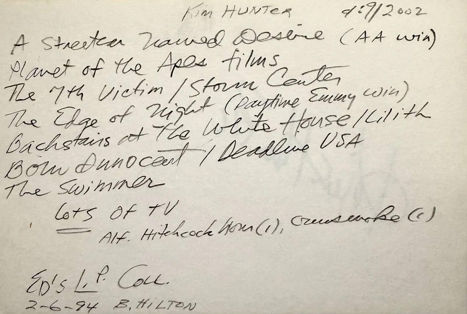 Kim Hunter — KIM HUNTER Signed Autographed 4x6 INDEX CARD Conquest of the Planet of the Apes, изображение 2