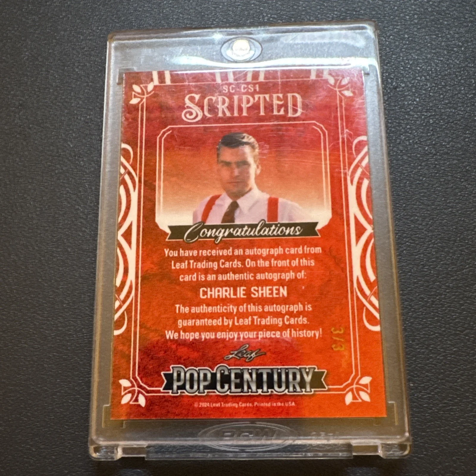Charlie Sheen — Charlie Sheen 2024 Leaf Metal Pop Century Scripted "Bud Fox" Autograph Auto 3/3, image 3