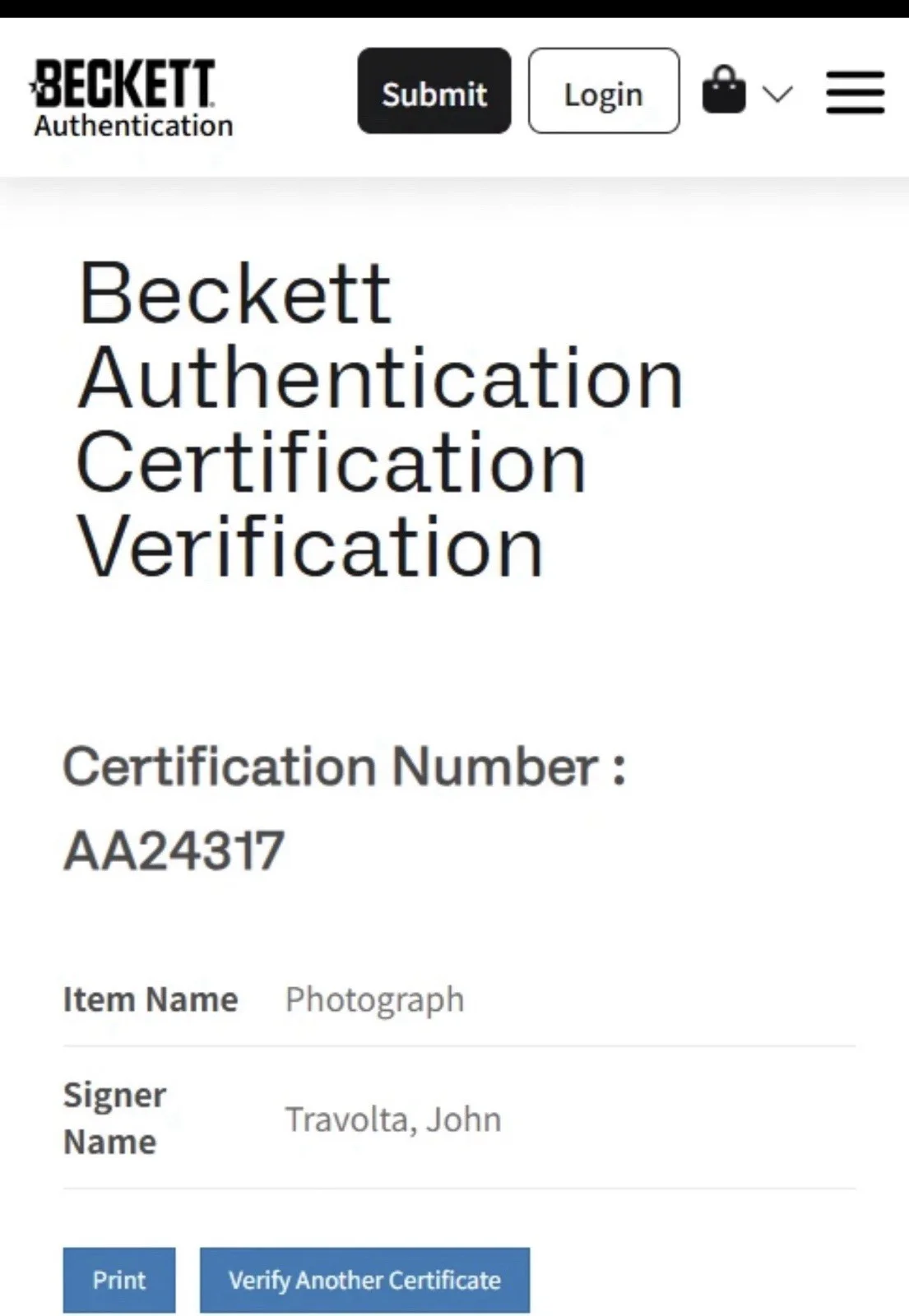 autograph — BAS COA JOHN TRAVOLTA SIGNED 8x10 PHOTO BECKETT, image 2