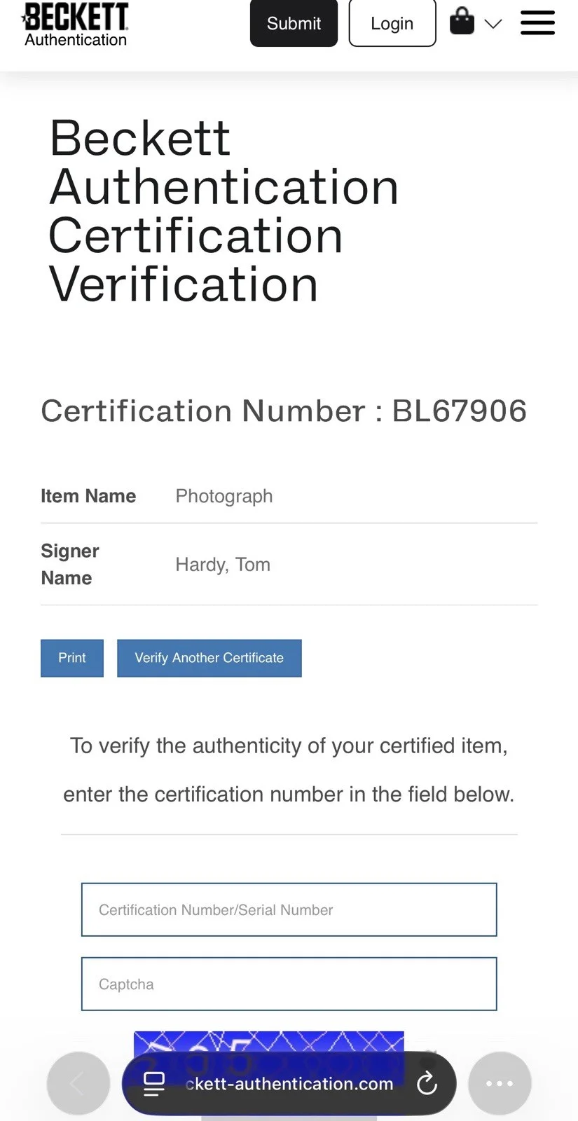BAS COA TOM HARDY SIGNED 8x10 PHOTO BECKETT, image 3