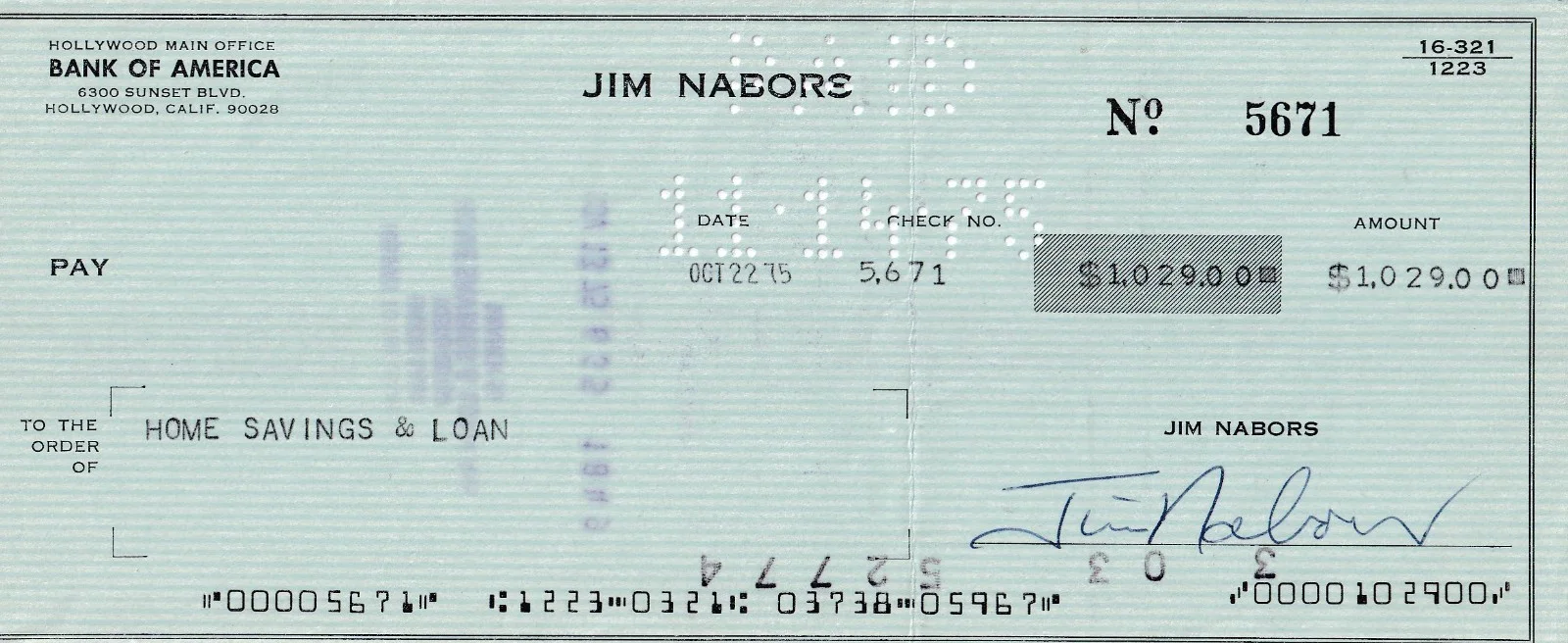 JIM NABORS — JIM NABORS . Autograph . Hand signed . CHECK . Very good condition .
