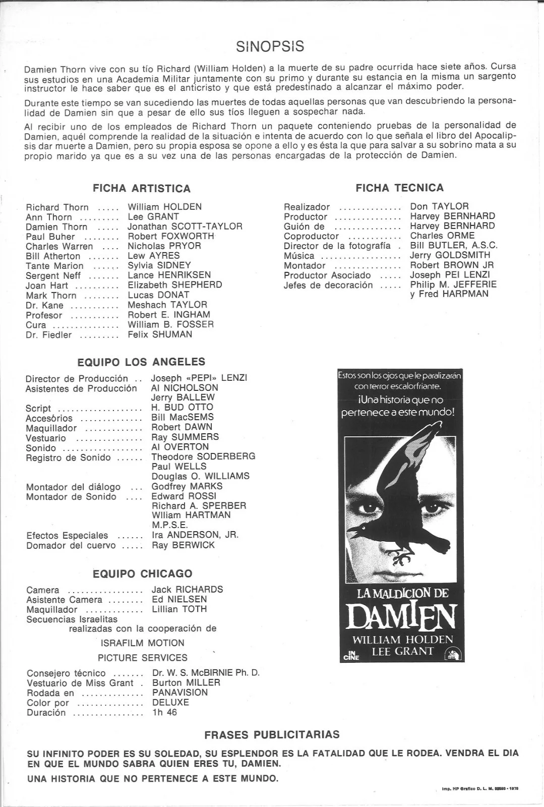 LA MALDICION DE DAMIEN aka DAMIEN OMEN 2 (1) / ORIGINAL SPANISH PRESS SHEET, изображение 2