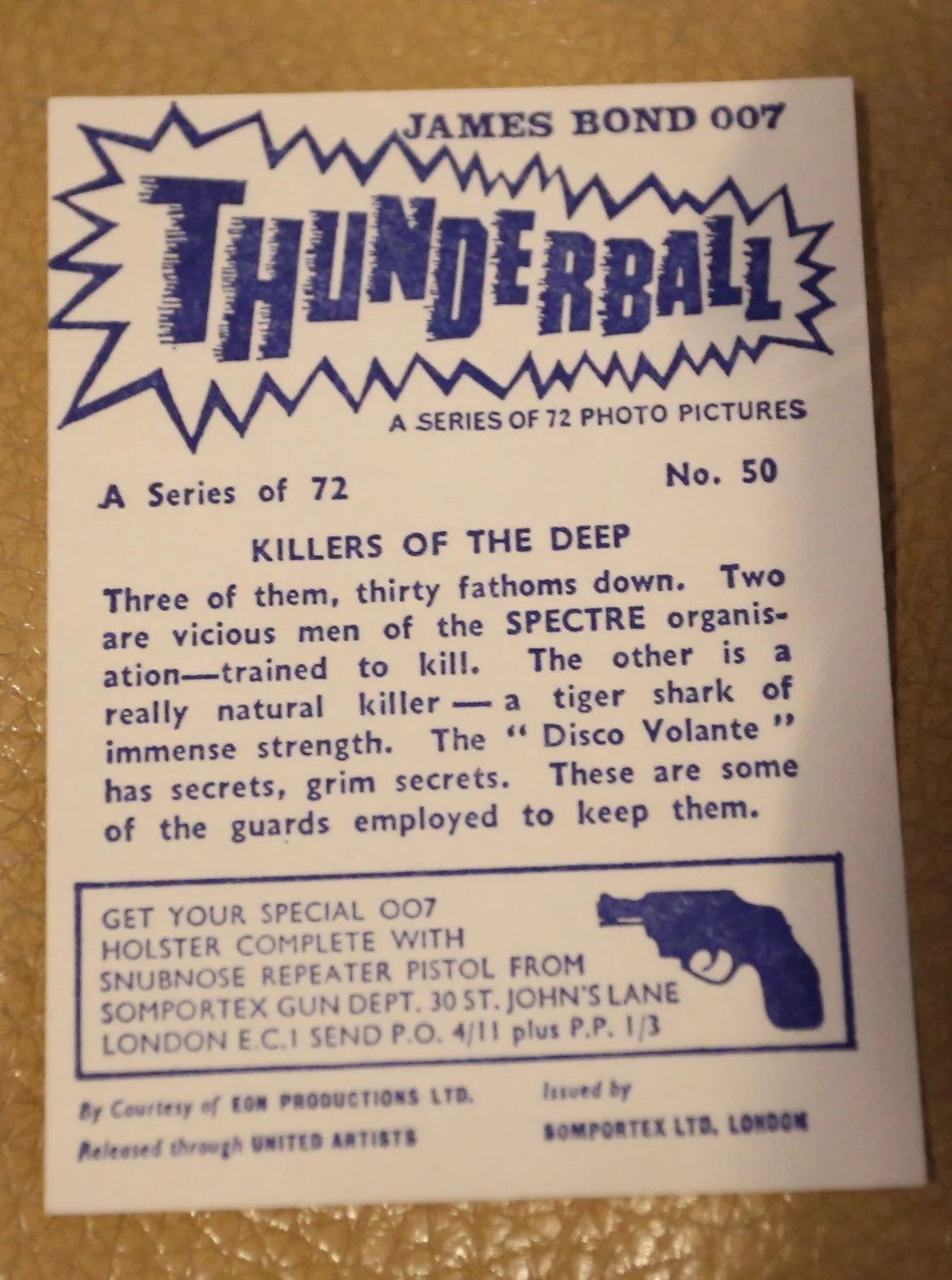 JAMES BOND SOMPORTEX THUNDERBALL 1966 ORIGINAL TRADING CARD EX COND NUMBER 49, image 2