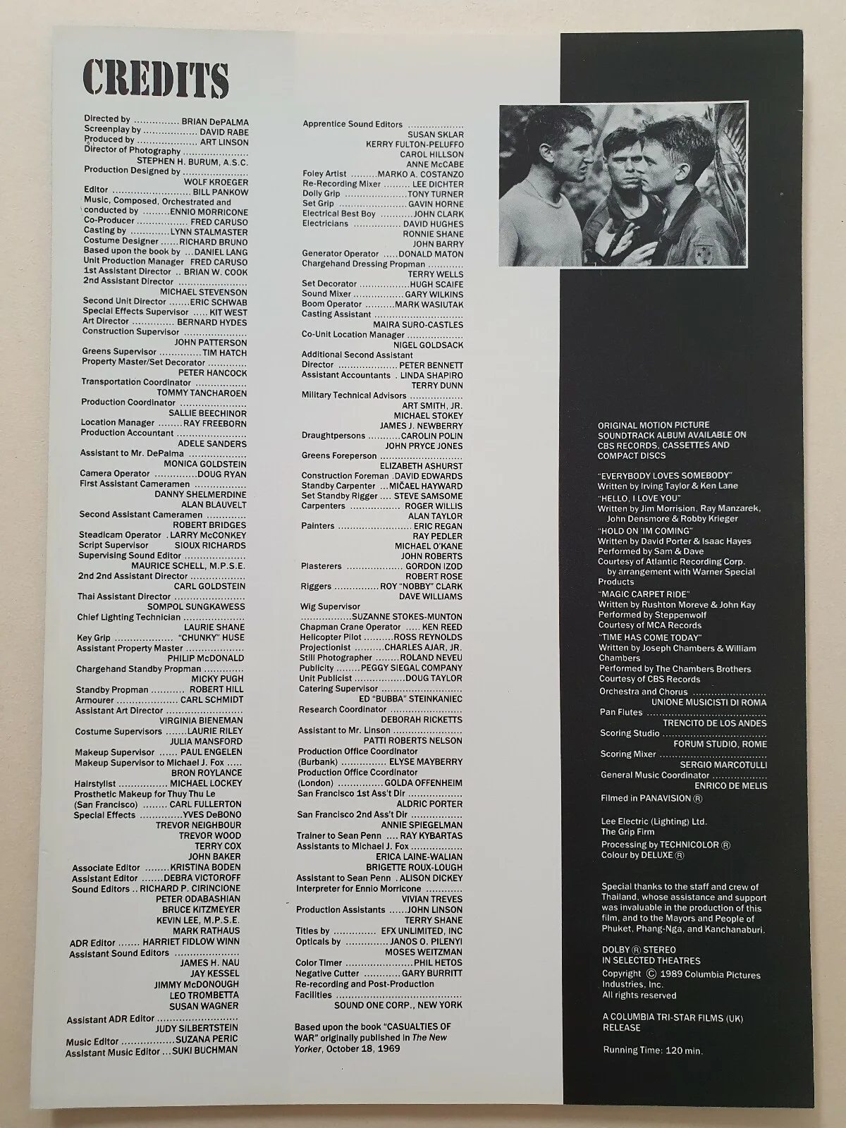 CASUALTIES OF WAR - VINTAGE ORIGINAL PRESS INFO SYNOPSIS SHEET - MICHAEL J FOX, image 2
