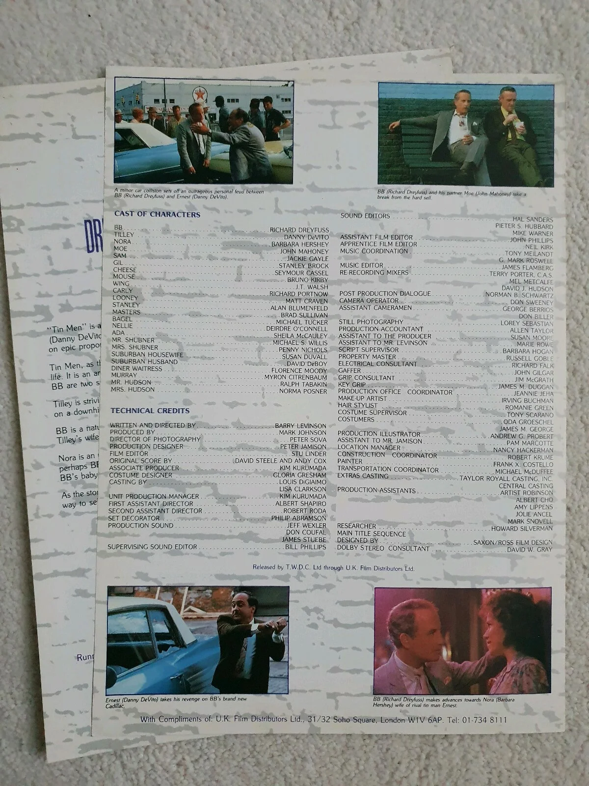 TIN MEN - 2 VINTAGE ORIGINAL SYNOPSIS SHEETS - DREYFUSS, DE VITO, HERSHEY, image 2