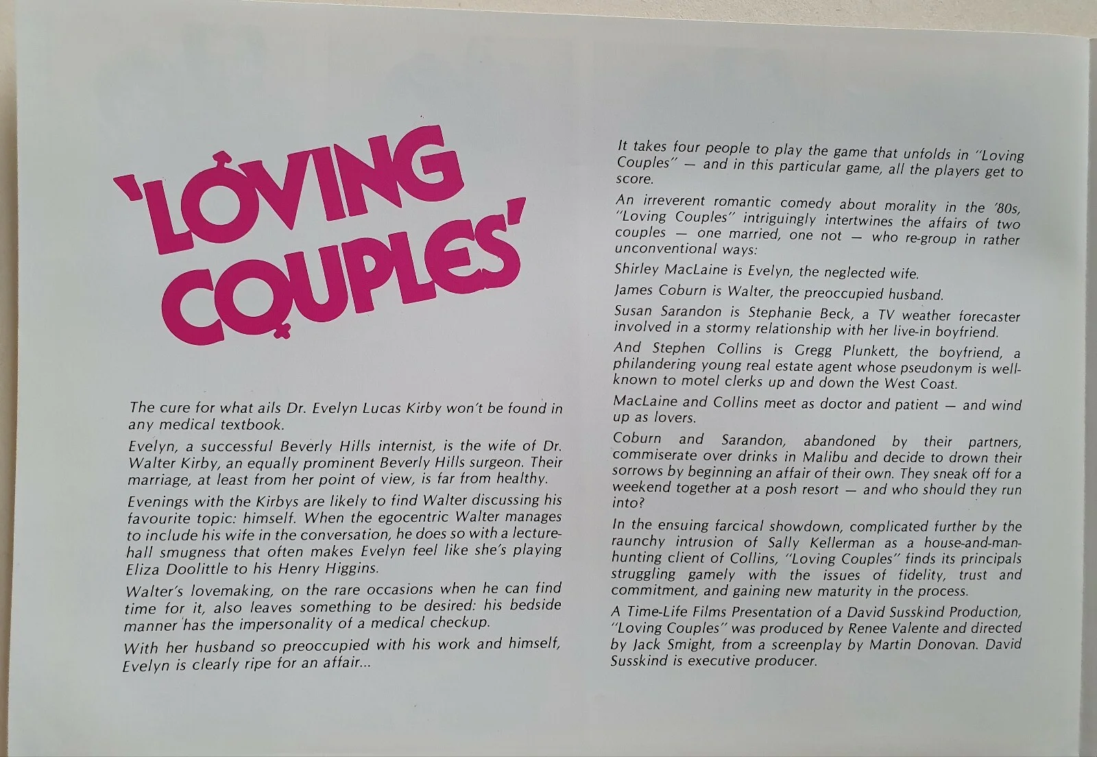 LOVING COUPLES - 2 VINTAGE ORIGINAL SYNOPSIS BOOKLETS - MACLAINE, SARANDON, image 2