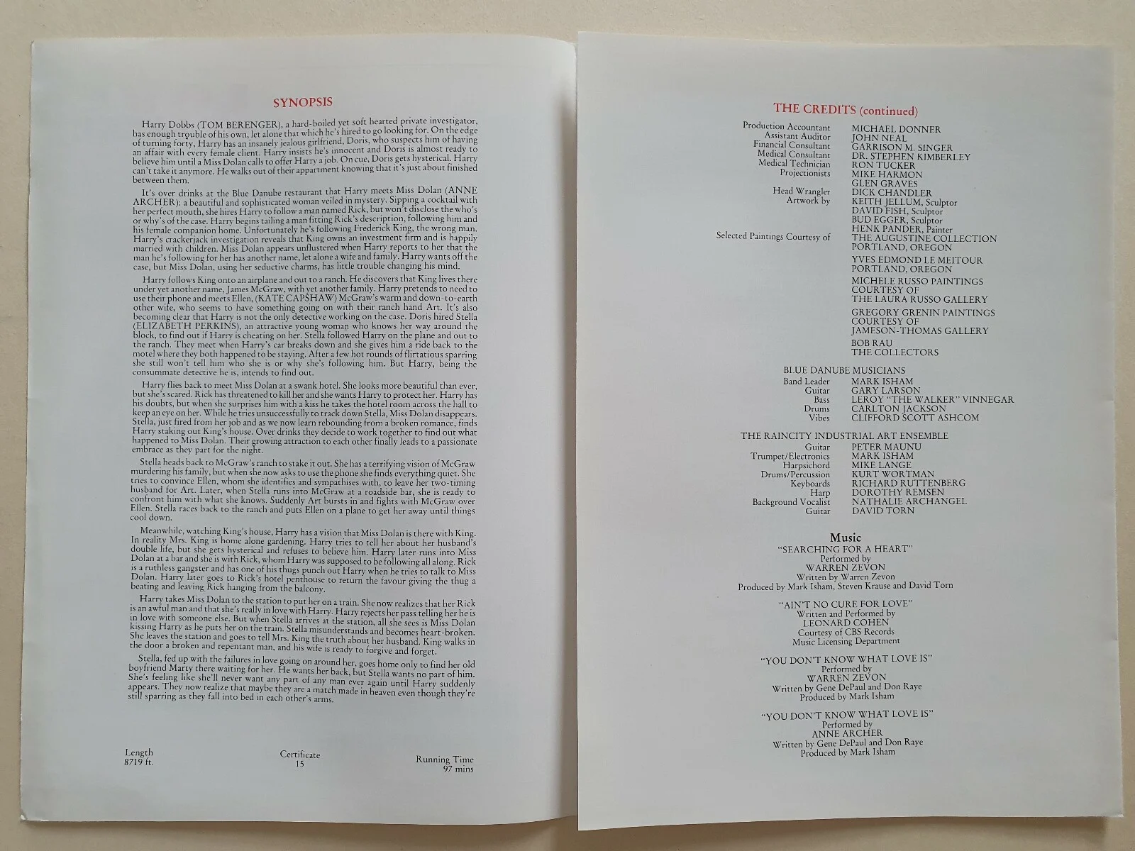 LOVE AT LARGE - 2 VINTAGE ORIGINAL SYNOPSIS BOOKLETS - TOM BERENGER, ANNE ARCHER, image 2