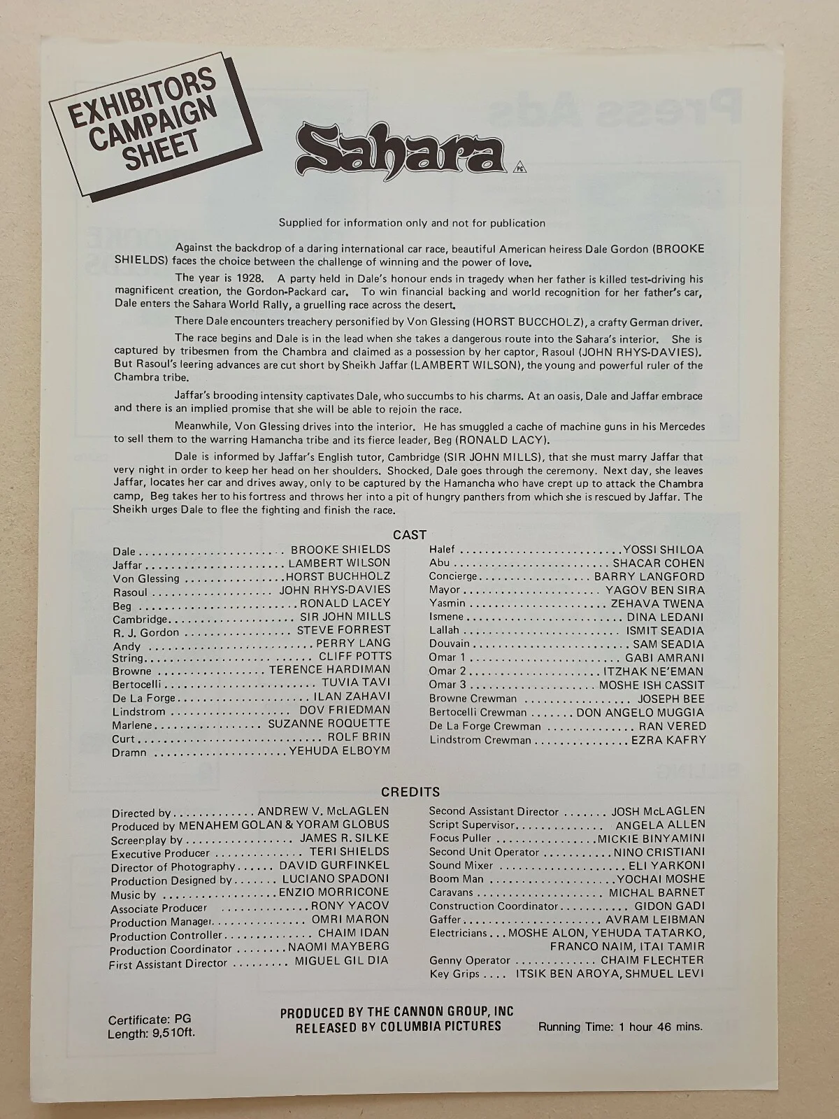 SAHARA - 2 VINTAGE ORIGINAL PRESS INFO, ADS & SYNOPSIS SHEETS - BROOKE SHIELDS, image 2