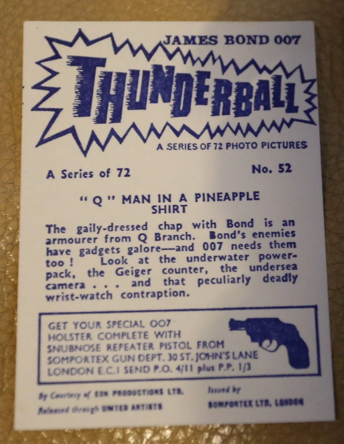 JAMES BOND SOMPORTEX THUNDERBALL 1966 ORIGINAL TRADING CARD EX COND NUMBER 52, image 2