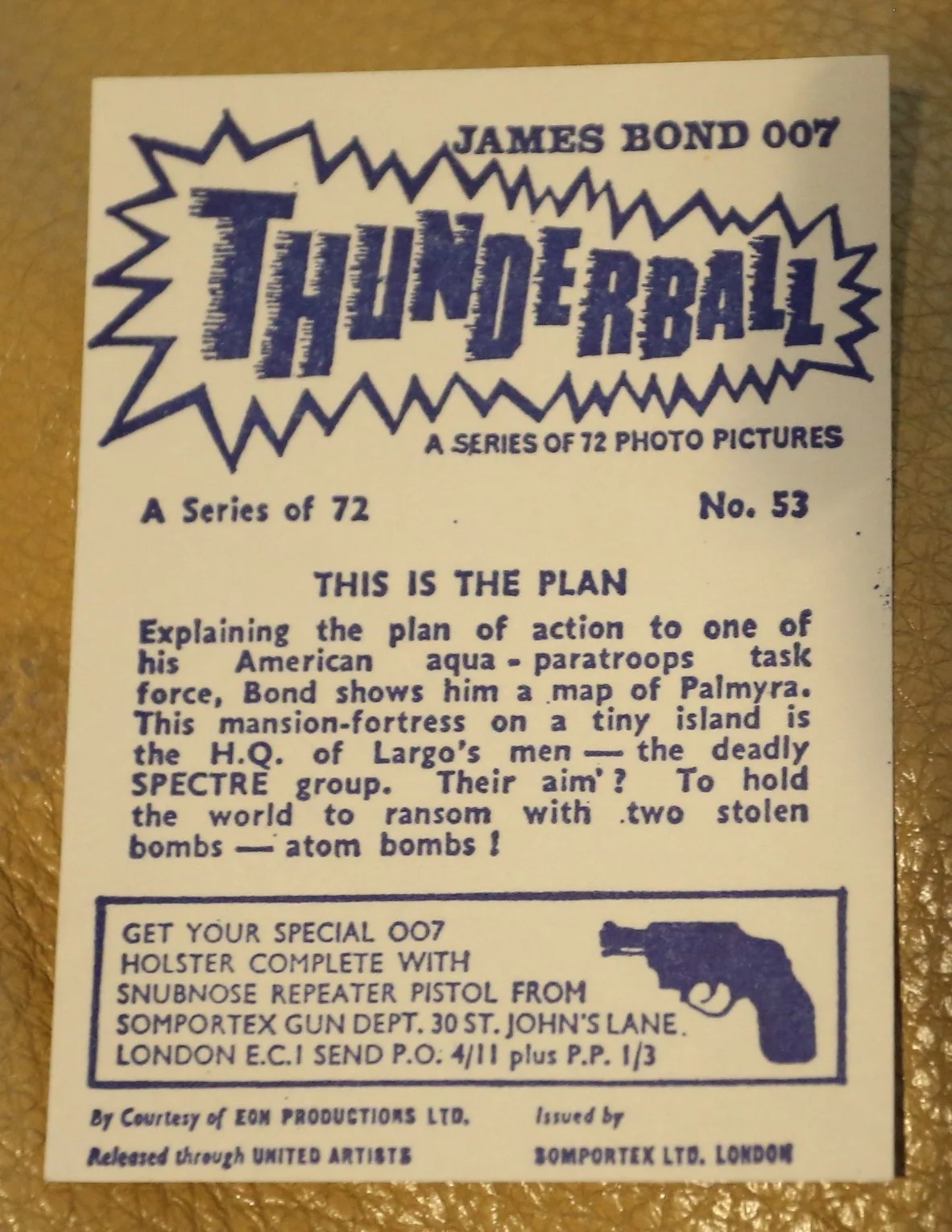 JAMES BOND SOMPORTEX THUNDERBALL 1966 ORIGINAL TRADING CARD EX COND NUMBER 53, image 2